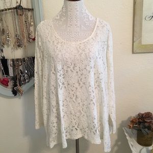 +Size Oversized White Lace Scoop Neck Top